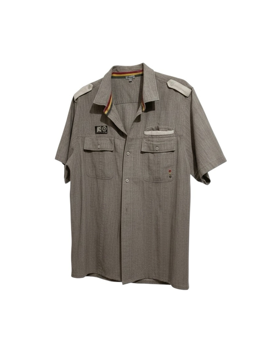 LRG Beige Linen Shirt with Red, Yellow and Green accents and Accent Patch.  3XL